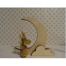 Sternkopf-Engel Mini aus Akazienholz im Mond sitzend mit Trompete 