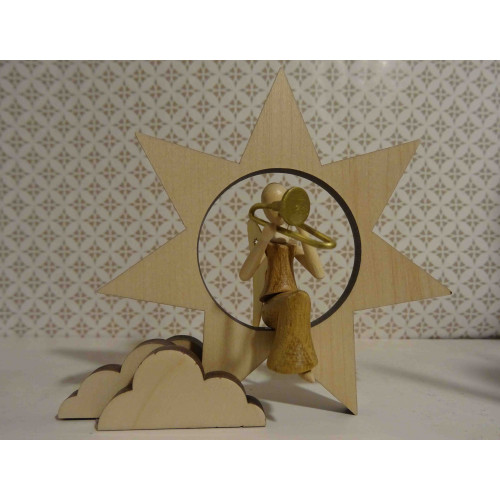 Sternkopf-Engel Mini aus Akazienholz im Stern sitzend mit Posaune